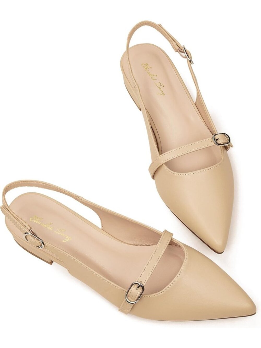 Women's Nude Leather Slingback Flats Rhinestone Closed Pointed Toe Dressy Shoes